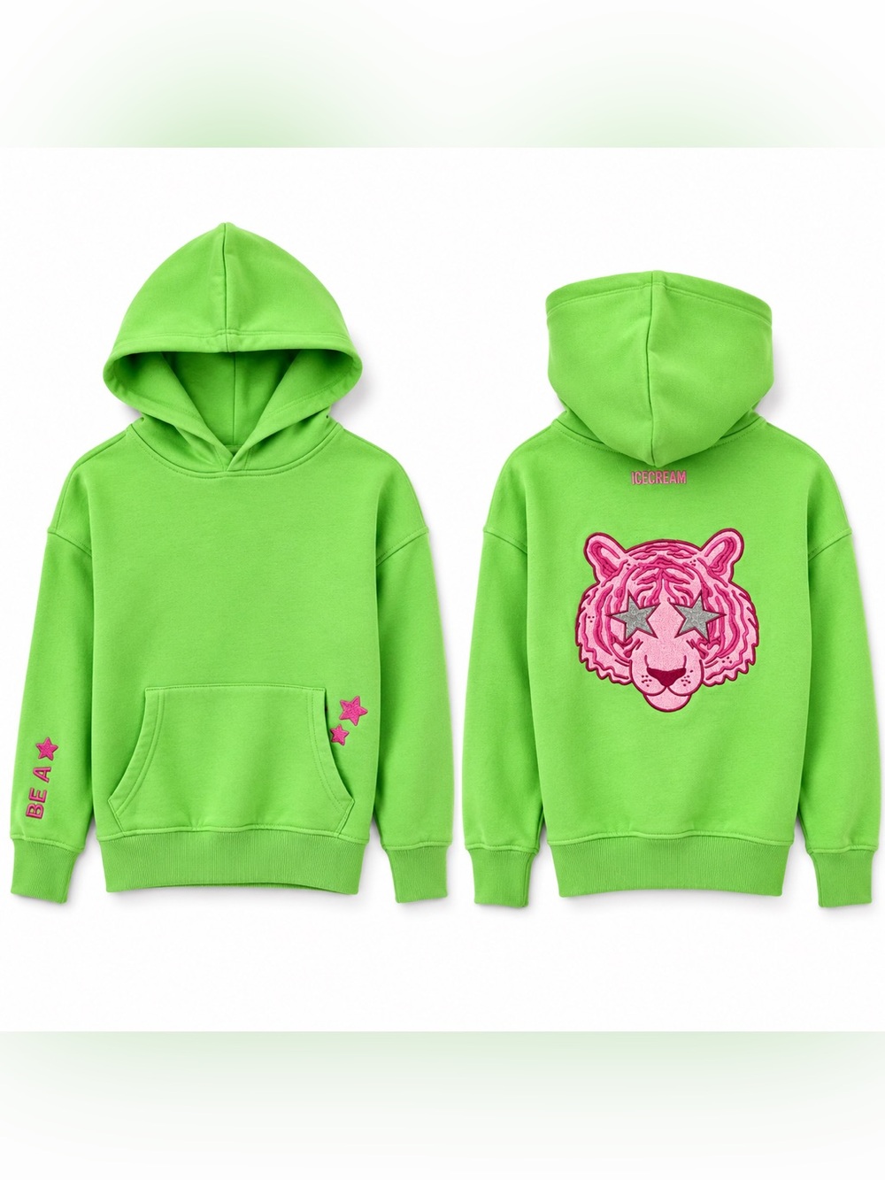 ICECREAM Be A Star Tiger Hoodie – Kids Medium 10/12 – Lime Green &Pink